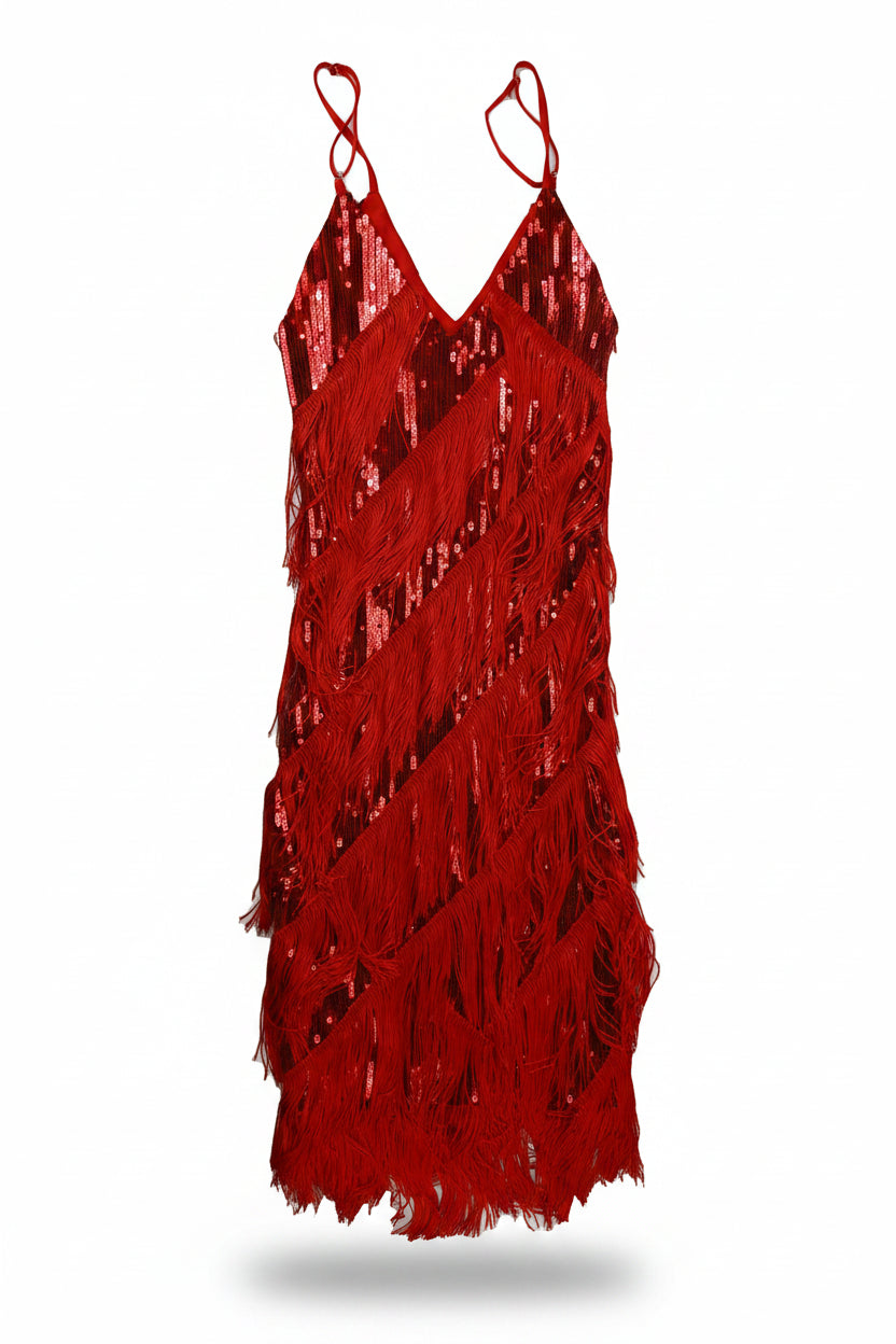 Mini Dress Fringe Sequin Red Size XS