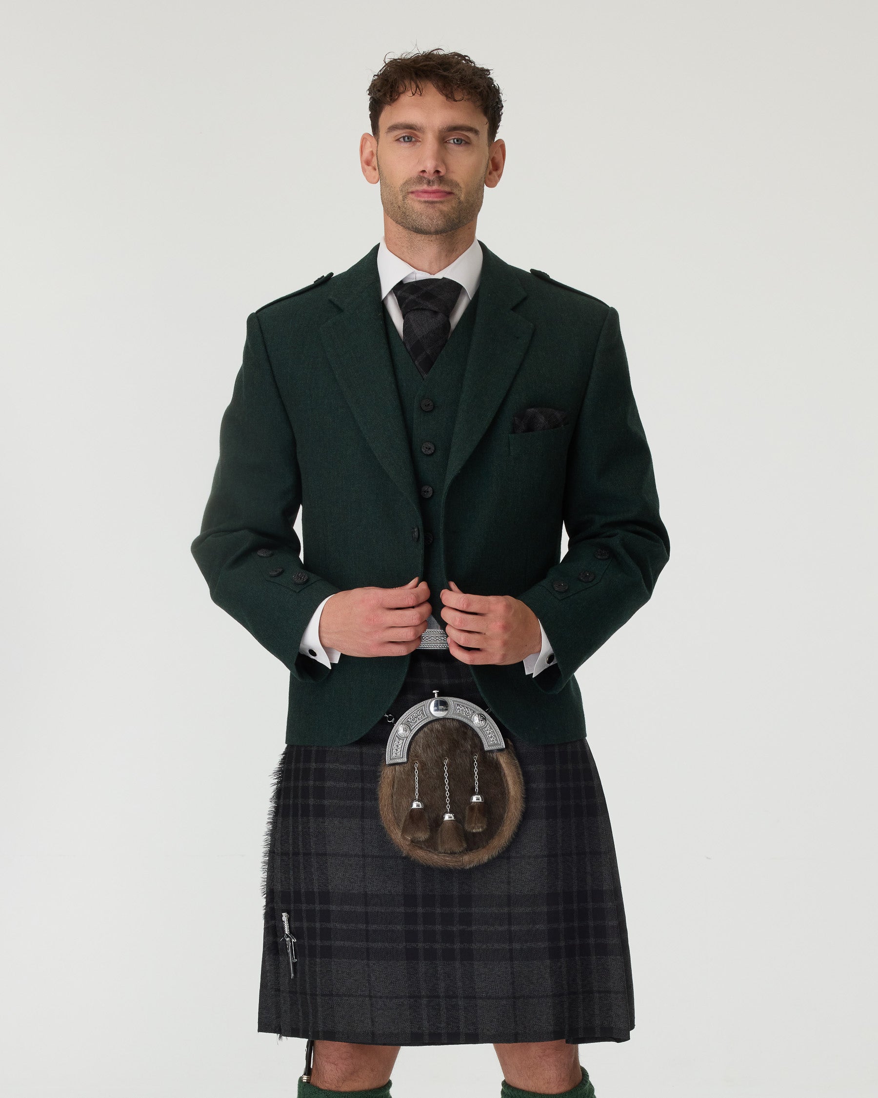 Green Tweed Jacket & Grey Spirit Kilt Hire Package