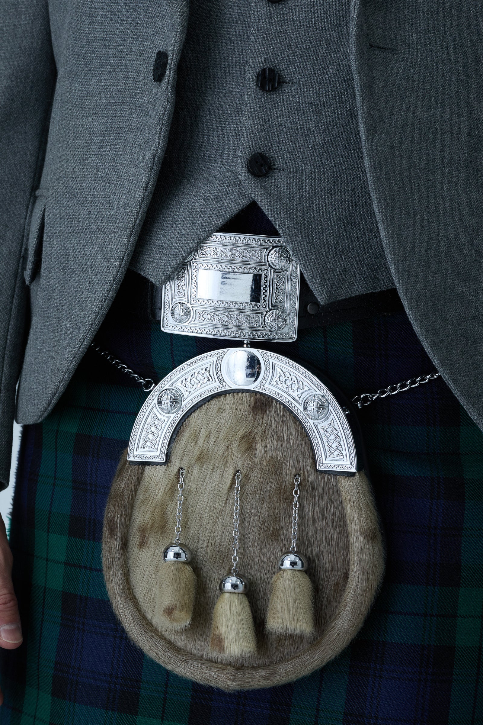 Light Grey Tweed Jacket & Black Watch Kilt Hire Package
