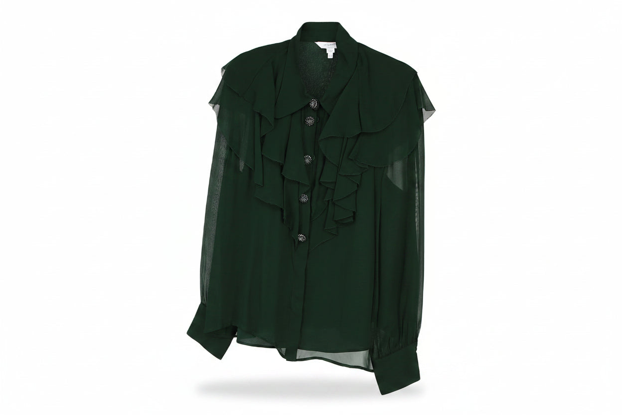 LK Bennett Green Draped Ruffle Blouse Size 14