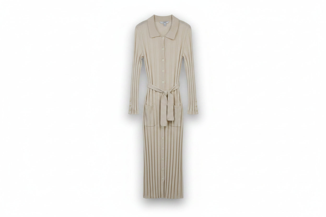 LK Bennett Beige Ribbed Maxi Shirt Dress