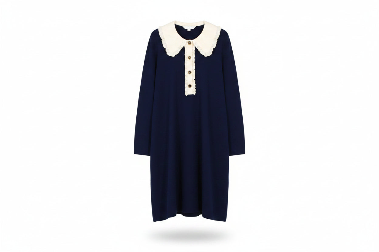 LK Bennett Navy Ruffled Midi Dress Size M