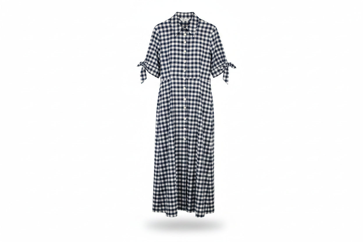 LK Bennett Navy Gingham Maxi Shirt Dress