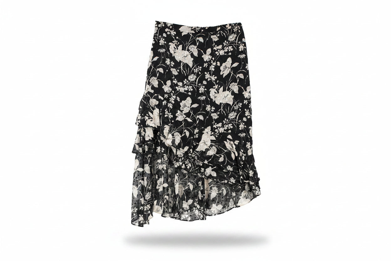 LK Bennett Black Asymmetric Tiered Midi Skirt